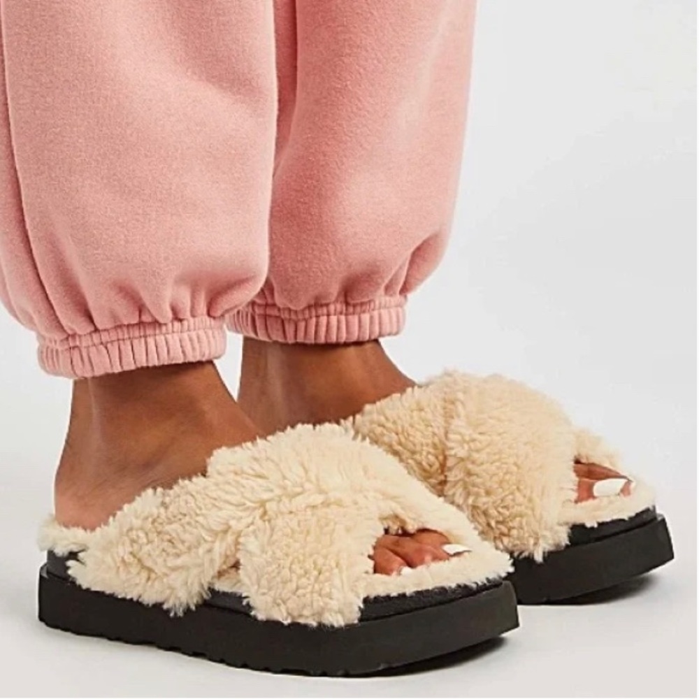 UGG fuzz sugar cross cream wool blend slides women